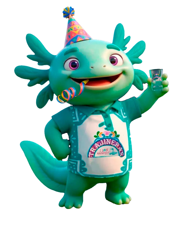 Ajolote de I Love Xochimilco celebrando una fiesta